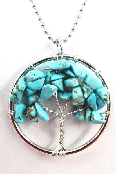 Ketting - verzilverd - L 50 cm met Edelsteen - Turkoois - Tree of life - hanger - Ø 3cm - Made by hand. Een sterk geneeskrachtige, zuiverende en beschermende steen.
