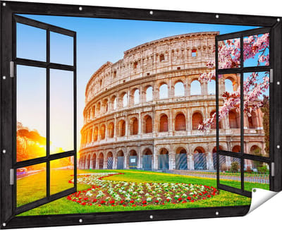Gards Tuinposter Doorkijk Colosseum bij Zonsopgang in Rome, Italië - 180x120 cm - Tuindoek - Tuindecoratie - Wanddecoratie buiten - Tuinschilderij