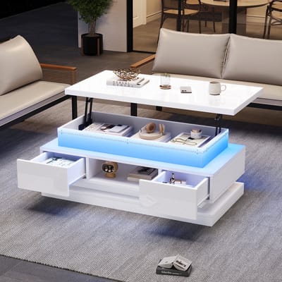 Sweiko Salontafel - In hoogte verstelbaar tafelblad - 2 lades - Hoogglans - LED-verlichting - Opbergruimte - Wit