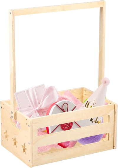 Houten Baby Shower Krat Kast Multifunctionele Baby Douche Mand met Handvat Houten Peuter Opslag Krat Mand Decoratieve Baby Welkom Mand voor Meisjes Jongens Zwangerschap Geschenken Nieuwe Ouders