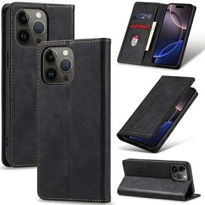 Zwart kunstleer wallet case telefoon hoesje geschikt voor iPhone 16 Pro dames en heren met magneetsluiting en flip cover