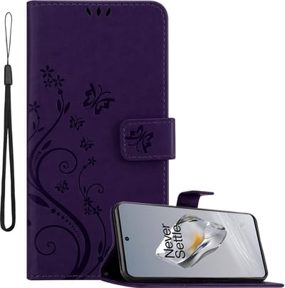 Cadorabo Hoesje geschikt voor OnePlus 12 in BLOEMEN DONKER PAARS - Beschermhoes in bloemmotief met magnetische sluiting, standfunctie en kaartsleuven Book Case Cover Etui