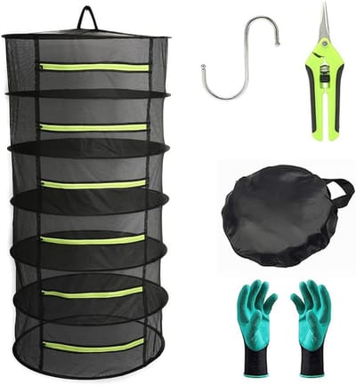 Hangend kruiden droogrek 2ft - Plantendrogernet met inklapbare gaasbakken (6 lagen) - Zwart droogcarrousel