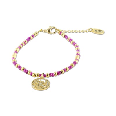 CO88 Colection 8CB-91021 Stalen Armband met Kralen - Dames - Goudkleurig - 3 mm - Fuchsia - 2,5 mm - Hartje - 5 mm - 16,5 + 3 cm