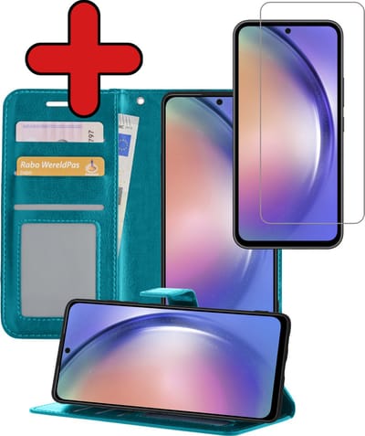 Hoesje - Met Screenprotector - Geschikt voor Samsung Galaxy A54 - Luxe Pasjeshouder - Flipcase - Bookcase Portemonee - Flip Case - Kunstleer Book Case - Book Cover - Walletcase - Portemonneehoes - Telefoonhoes - Turquoise