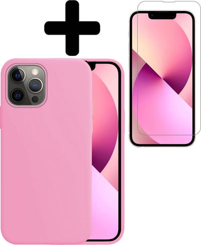 Hoesje - Met Screenprotector - Geschikt voor Apple iPhone 13 Pro - Sterk & Shockproof - Back Cover - Siliconen Case - Telefoon Hoes - Telefoonhoesjes - Lichtroze