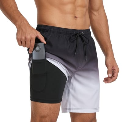 Zwart grijze heren zwembroek met kleurverloop – heren zwem short met elastische tailleband en zwart trekkoord – strand zwembroek met binnenbroek en telefoon zak – sneldrogende zwem short voor strand en zwemmen – maat S