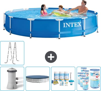 Intex Rond Frame Zwembad - 366 x 76 cm - Blauw - Inclusief Pomp Afdekzeil - Onderhoudspakket - Filters - Ladder