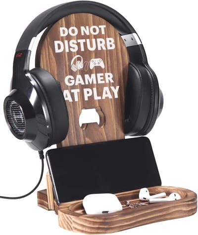 Hoofdtelefoonstandaard voor Gamers - Houten Hoofdtelefoonhouder met Kabelgoot - Geschikt voor Alle Hoofdtelefoonmaten