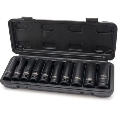 HBM 10-delige diepe krachtdoppenset 1/2 inch metrische zeskant met opbergkoffer