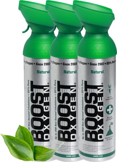 Boost Oxygen - Large 9L - Natural - 95% Pure Zuurstof - Tot wel 600 inhalaties van 1 sec - Ademhalingsondersteuning voor sport herstel, hoogte, prestaties en gezondheid - Zuurstoffles - 3x 9L (3 pak, 27L totaal)