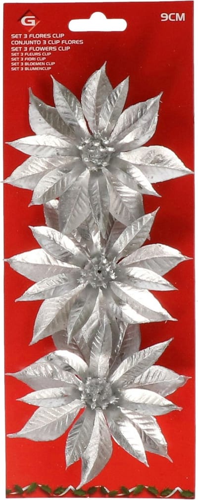 Gerimport Kerstboom bloemen op clip - 6x stuks - zilver - kunststof - kerstornamenten