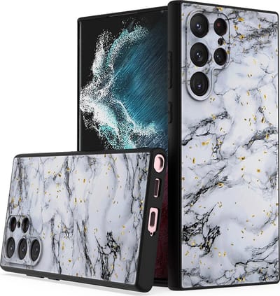 LuxeBass Siliconen hoesje met print geschikt voor Samsung Galaxy S22 Ultra - Marmer White - telefoonhoes - gsm hoes - telefoonhoesje