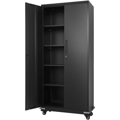 Metalen Opbergkast, 184,5 cm Rolbare Stalen Garagekast met 4 Verstelbare Planken, 2 Magnetische Deuren & 2 Sleutels, 5 Laags Afsluitbare Gereedschapsopslag voor