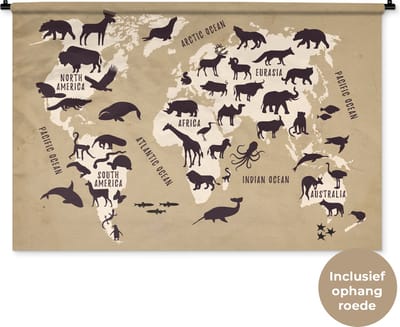 Wandkleed WereldkaartenKerst illustraties - Wereldkaart op lichtbruine achtergrond met illustraties van silhouetten van dieren Wandkleed katoen 120x80 cm - Wandtapijt met foto