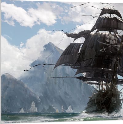 Forex - Geschilderd Schip met Bergen - 80x80cm Foto op Forex