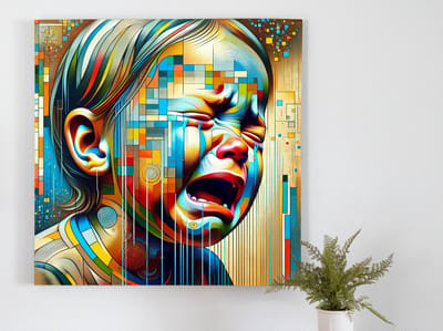 Modern huilend kind schilderij | Hedendaagse tranen: een expressief portret van jeugdig verdriet in kunst | Kunst - 30x30 centimeter op Canvas | Foto op Canvas