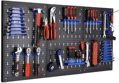 LabelOne Gereedschapswand - Gereedschapsbord - Pegboard - 3 panelen - incl. gereedschapshouders - 117 x 55 cm - zwart/blauw