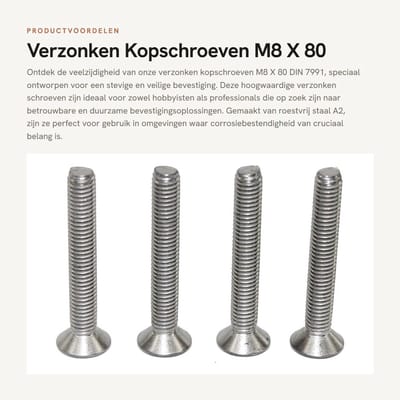 Dailygoods- Verzonken Kopschroeven M8 x 80 - Roestvrij Staal A2 - 5 Stuks - Volledige Schroefdraad - Binnenzeskant - Schroefverbindingen - Schroeven