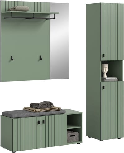 Garderobecombinatie met opbergkast en zitkussen - Modulaire inrichting op wielen