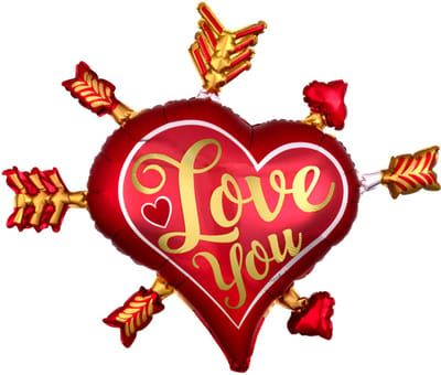 Folieballon Supershape Rood Hart met Gouden Pijlen "Love You", afmetingen 86 x 71cm