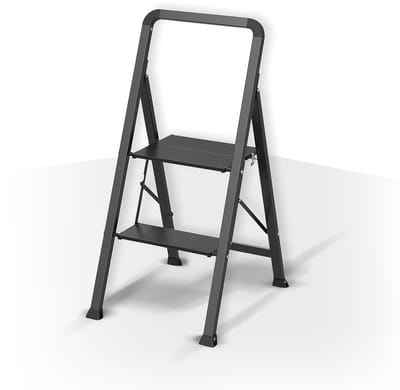 Famanu – Opvouwbare stalen trapladder met 2 treden duurzame antislip treden en robuuste afwerking zwart