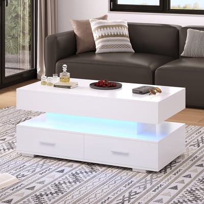KOMHTOM Salontafel Hefbare Tafel LED verlichting Bluetooth APP bediening 2 laden en open opbergruimte wit
