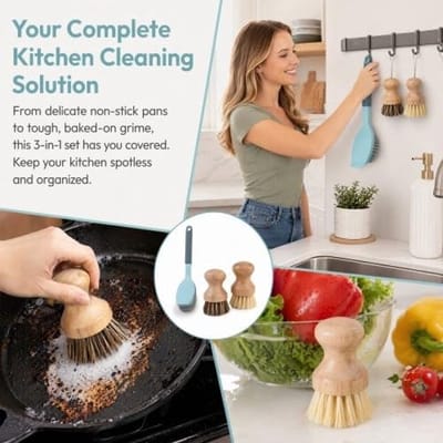 Set van 3 keukenborstels voor airfryer en pannenreiniging, inclusief lange handgreep en stevige houten borstels, krasbestendig en duurzaam