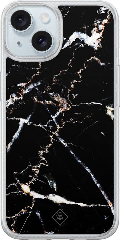 Casimoda® hoesje - Geschikt voor iPhone 13 - Marmer Zwart - 2-in-1 case - Schokbestendig - Marble design - Verhoogde randen - Zwart, Transparant