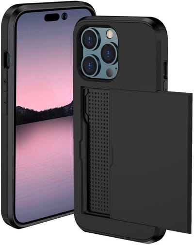 Hoesje met Kaarthouder Slider Geschikt voor Apple iPhone 14 Pro Max | Pasjeshouder Achterkant | Kaarthouder voor twee á drie pasjes | Zwart