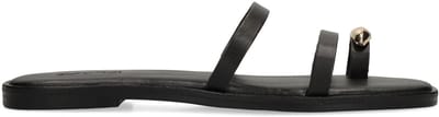 Sacha - Dames - Zwarte leren slippers met goudkleurig detail - Maat 36