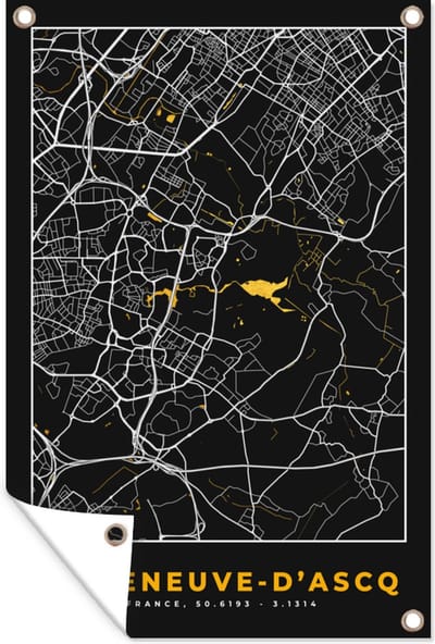 Muurdecoratie Kaart – Stadskaart – Villeneuve-d'Ascq - Plattegrond – Frankrijk - 120x180 cm - Tuinposter - Tuindoek