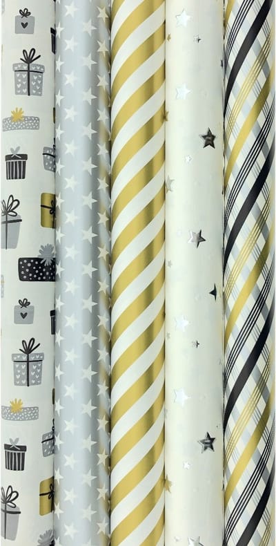 GOLD and SILVER cadeaupapier - Kerstpapier inpakpapier voor Kerst - 3 meter x 70 cm - 5 rollen