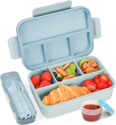 Broodtrommel met vakken, voor kinderen en volwassenen, 1300 ml, lunchbox voor kinderen, lekvrij, met 4 vakken, bentobox, ontbijtbox, snackbox, voor jongens en meisjes, blauw