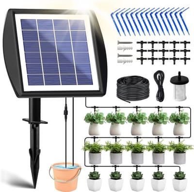 Automatisch Irrigatiesysteem op Zonne-Energie – 15 m Druppelirrigatie – Met Watersensor & Timer – Voor Tuin, Balkon & Potplanten