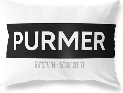 Tuinkussen PURMER - NOORD-HOLLAND met coördinaten - Buitenkussen - Bootkussen - Weerbestendig - Jouw Plaats - Studio216 - Modern - Zwart-Wit - 50x30cm