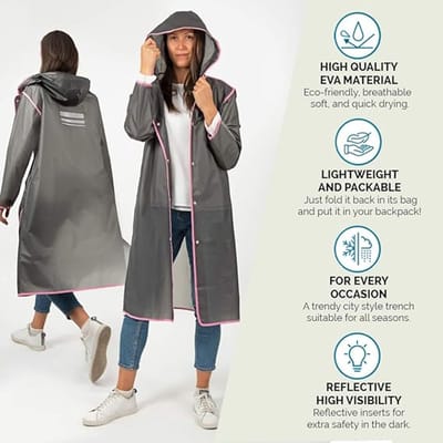 Lange Regenjas Man Vrouw met Capuchon en Reflecterende Details - Waterbestendige Regenponcho met Lange Mouwen en Knopen - Draagbare Poncho Jas Regen Modder - Perletti ,Grijs met Roze Rand
