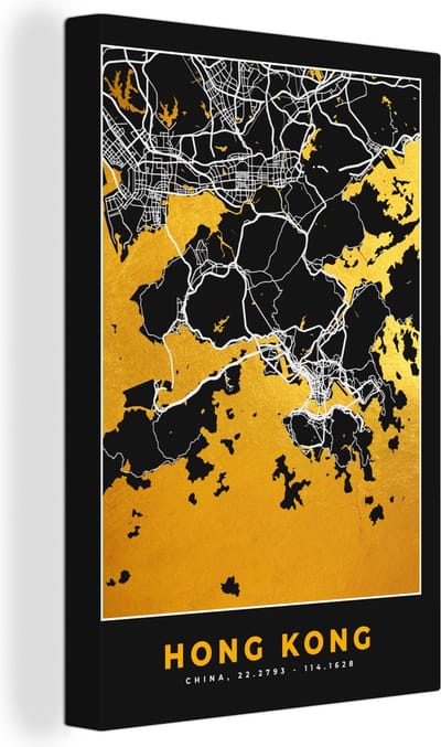 Canvas Schilderij Hong Kong - Stadskaart - Goud - Plattegrond - Kaart - 20x30 cm - Wanddecoratie
