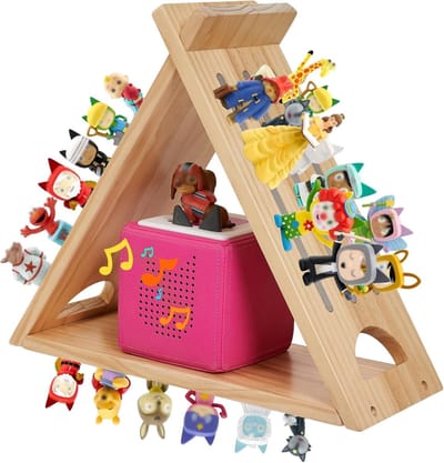 Dailygoods- Tonies-rek met zelfklevende houder - Driehoekige planken - Veilig grenenhout - Antislipontwerp - Voor 40 tot 80 figuurtjes - Creativiteit stimulerend - Opbergrek