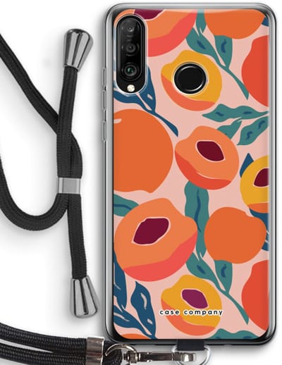 Case Company® - Hoesje met koord geschikt voor Huawei P30 Lite hoesje met Koord - Perzik - Telefoonhoesje met Zwart Koord - Bescherming aan alle Kanten en Over de Schermrand