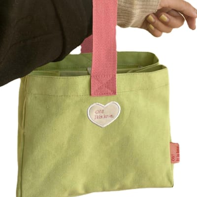 Bento Tas Hart Letter Borduurpatroon Binnenzak Opbergknoop Canvas Materiaal Draagbare Lunchbox Tas Groen