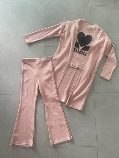 Meisjes 3-Delige Rib Set Oudroze - Shirt, Lange vest & Flared Broek - Maat 92 t/m 152