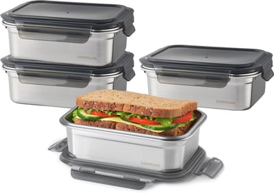 Lock&Lock RVS Vershoudbakjes met deksel - RVS bakjes - Bewaarbakjes - Diepvriesbakjes - Meal prep bakjes - RVS Lunchbox - Broodtrommel - Lunchtrommel - Volwassenen en Kinderen - Lekvrij - BPA vrij - PFAS vrij - Set van 4 stuks - 1.2 liter