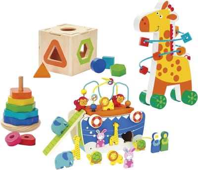 Houten Educatief Speelgoed - Montessori Spelletjes - Motorische Ontwikkeling - 2-in-1 Speelgoedset - 10 x 10 x 10 cm - Meerkleurig