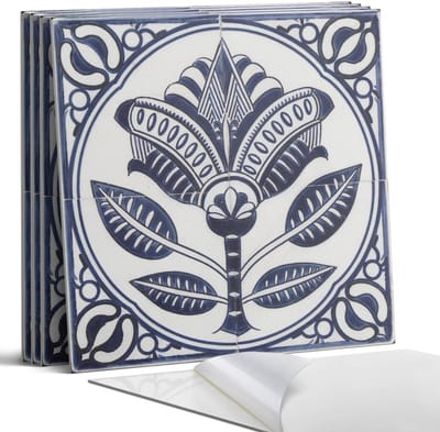 Coloray Wandpanelen Zelfklevend - Keramisch patroon met bloemenmotief Zelfklevende Wandpanelen - 50 cm x 50 cm - Blauw Wandpaneel PVC - 5 stuks - Bloemen en planten Wandpanelen Zelfklevend - Wandpaneel Keuken - Wandpanelen Badkamer