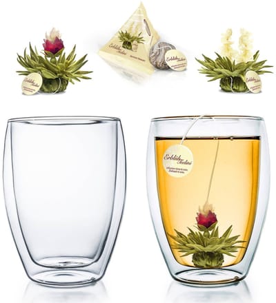 Creano dubbelwandig thermoglas 250ml "DG-Hoch", set van 2 + 2 theebloemen Erblühteelini witte thee in kopformaat
