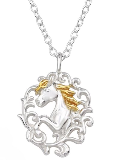 Joy|S - Zilveren paard hanger inclusief ketting - paardje met gold plated manen - sterling zilver 925 - 39 cm met een extra oogje op 36 cm - voor kinderen