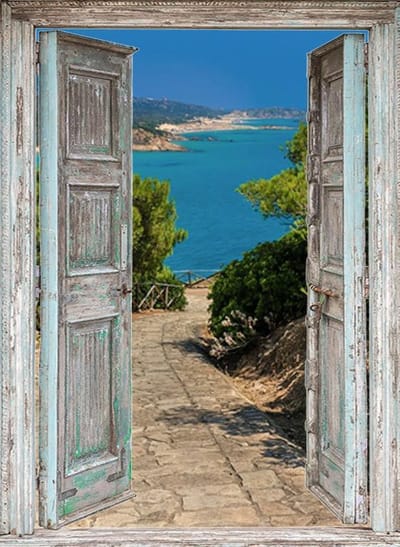 Tuindoek doorkijk - 95x130 cm - openslaande deuren naar zee - tuin decoratie - tuinposter - tuinposters buiten - tuinschilderij