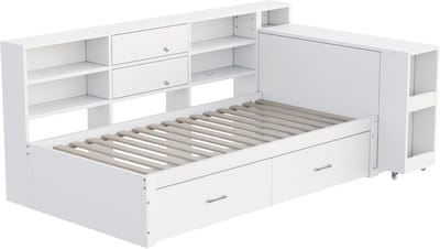 DESMIU Houten Eenpersoonsbed 90x200 cm – Uitschuifbaar Bureaublad En Oplaadpunten – Met Opbergruimte En 2 Lades – Voor Jeugdkamer – Wit – Zonder matras
