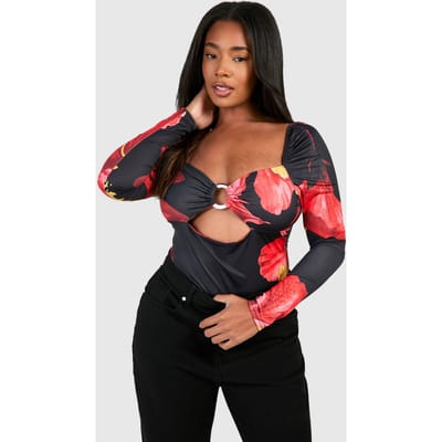 boohoo Dames Plus Bodysuit met Lange Mouwen en Ringdetail | Bloemen | Maat: 56